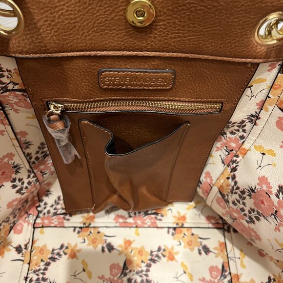 Steve Madden Womens Faux Leather Brown Flat Tote Hobo Large Purse Bag Flowers - Picture 4 of 9